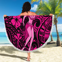 Round beach blanket with pink/black hula girl Polynesian pattern and white fringe, held up