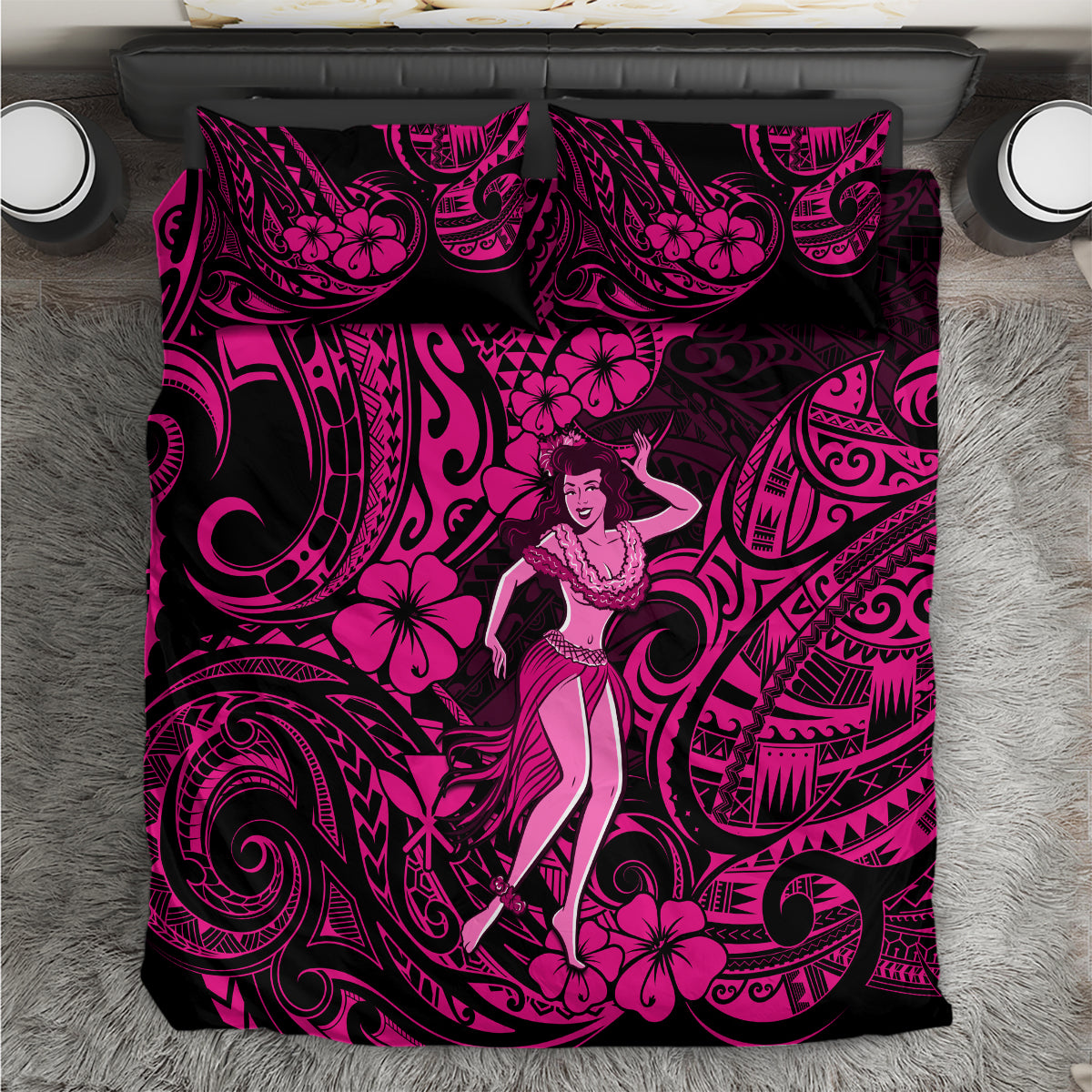 Pink hula girl bedding set with Polynesian swirl and flower pattern, two pillowcases