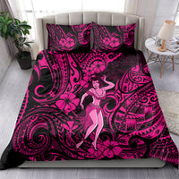 Pink hula girl bedding set on bed: bold Polynesian swirl and flower pattern, pillowcases