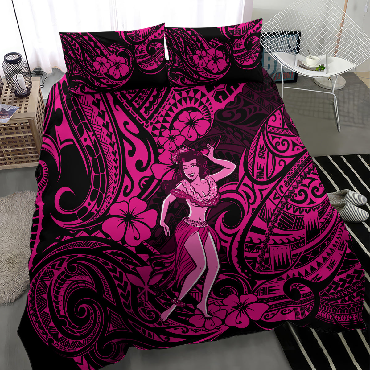 Pink hula girl comforter with Polynesian swirl, flower motifs, and matching pillowcases