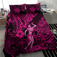 Pink hula girl comforter with Polynesian swirl, flower motifs, and matching pillowcases