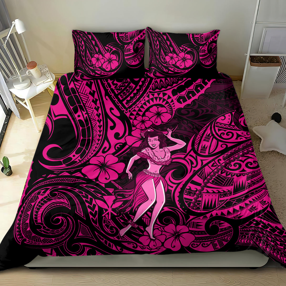 Pink Polynesian bedding set with hula dancer center, swirling floral pattern, two pillowcases