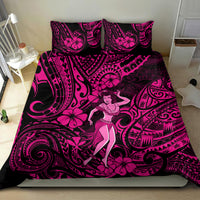 Pink Polynesian bedding set with hula dancer center, swirling floral pattern, two pillowcases