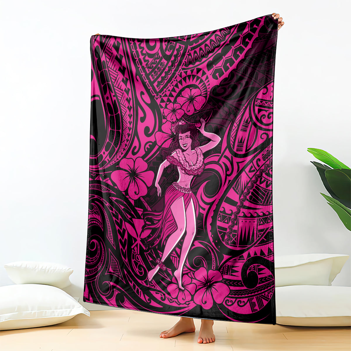 Pink and black hula girl blanket with polynesian swirls and hibiscus flowers
