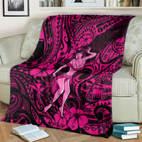 Pink and black hula girl blanket with polynesian motifs, hibiscus blooms, and swirling bands