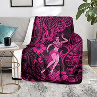 Pink and black hula girl blanket with polynesian swirls and hibiscus flowers, corner drape