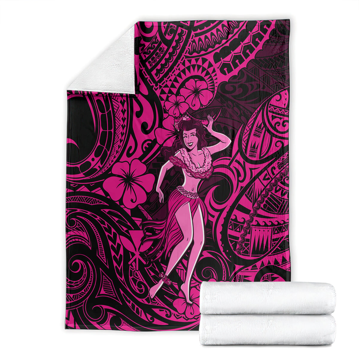 Pink and black hula girl blanket featuring polynesian swirls and hibiscus flowers