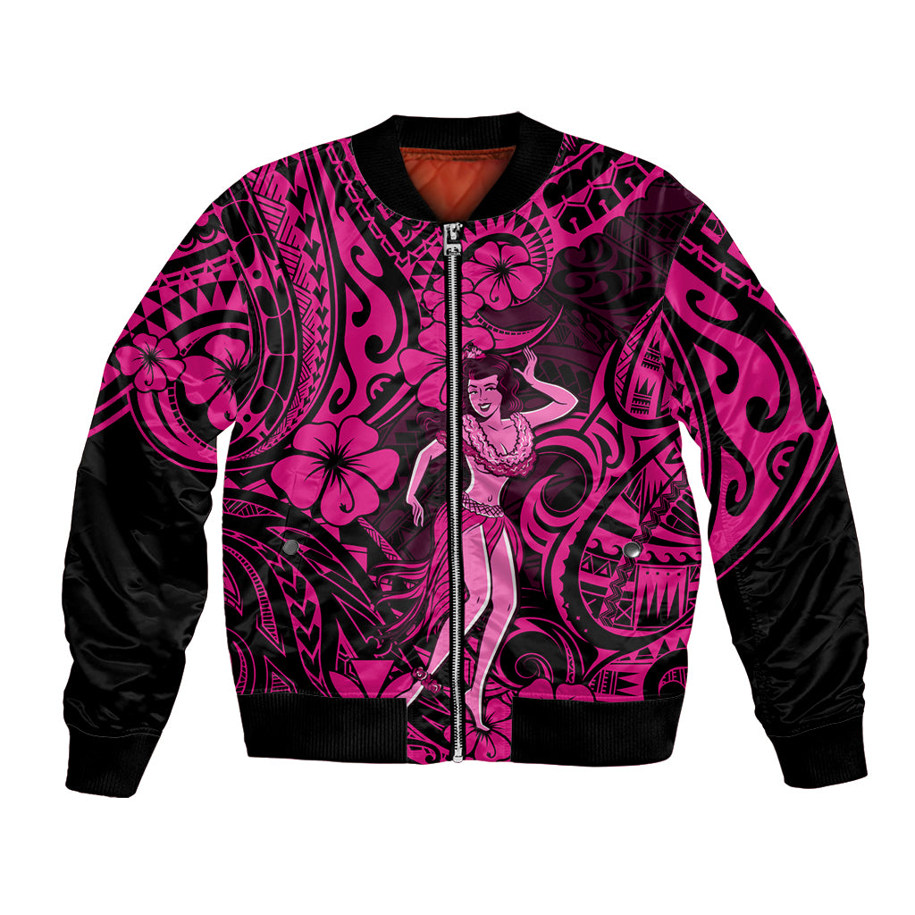 Pink and black bomber jacket with zip, ribbed trim, hula dancer and tribal floral print