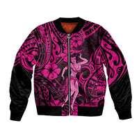 Pink and black bomber jacket with zip, ribbed trim, hula dancer and tribal floral print