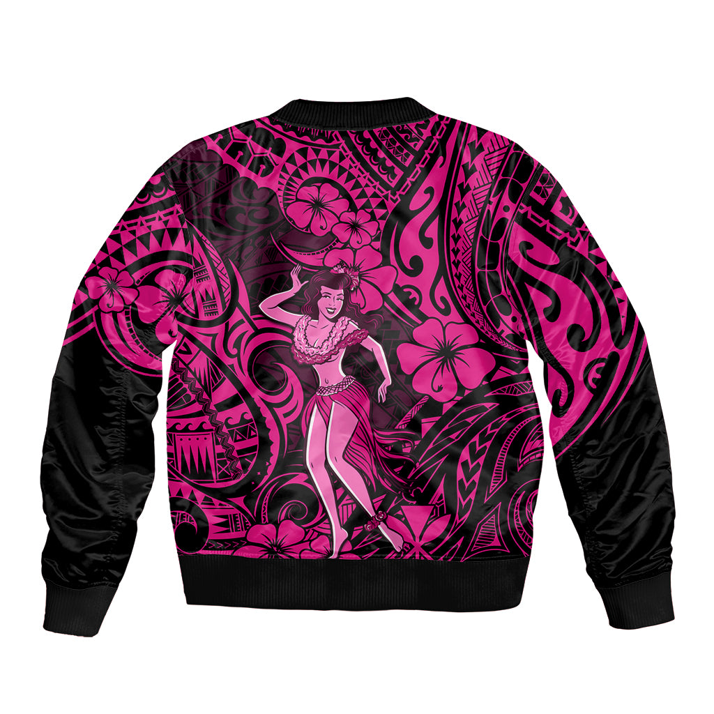Pink and black bomber jacket with ribbed hem and cuffs, hula dancer back print