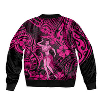 Pink and black bomber jacket with ribbed hem and cuffs, hula dancer back print