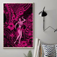 Framed canvas wall art featuring a standing pink hula girl on dark floral Polynesian design