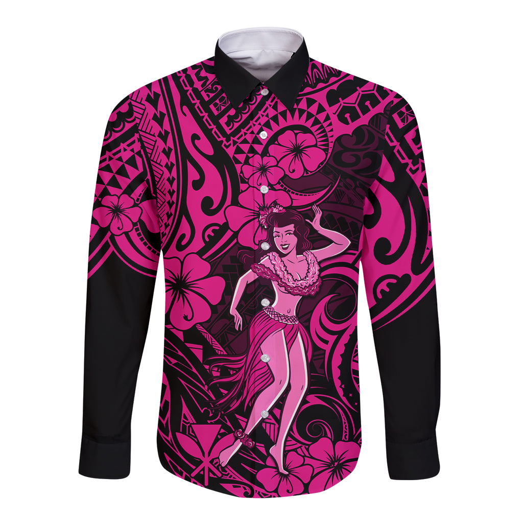 Pink long-sleeve button shirt with hula girl tropical print, front