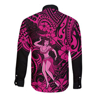 Pink long-sleeve button shirt with hula girl tropical print, back