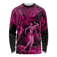 Pink long sleeve hula girl shirt with Polynesian swirls and floral pattern