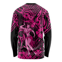 Pink long sleeve hula girl shirt, back with Polynesian swirls and floral pattern