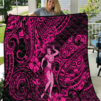 Pink and black Polynesian hula girl quilt with bold swirling patterns and butterfly accents