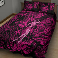 Pink and black quilt bed set with hula girl and Polynesian swirl pattern; two pillows