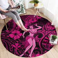 Pink Hawaiian hula girl round rug with bold black tribal motifs and floral shapes
