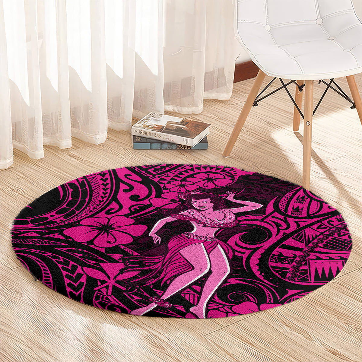 Pink Hawaiian hula girl round rug with dancer print and black tribal swirl pattern