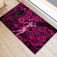 Rectangular pink and black hula girl doormat with ornate tribal swirl design
