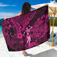 Pink Polynesian hula girl sarong with bold black swirls and floral pattern, wrap style