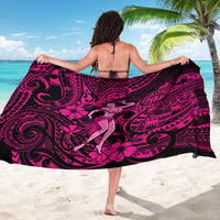 Pink Polynesian hula girl sarong, back tie straps with black swirl and floral pattern