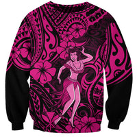 Unisex crewneck sweatshirt with pink-and-black Polynesian hula girl graphic front
