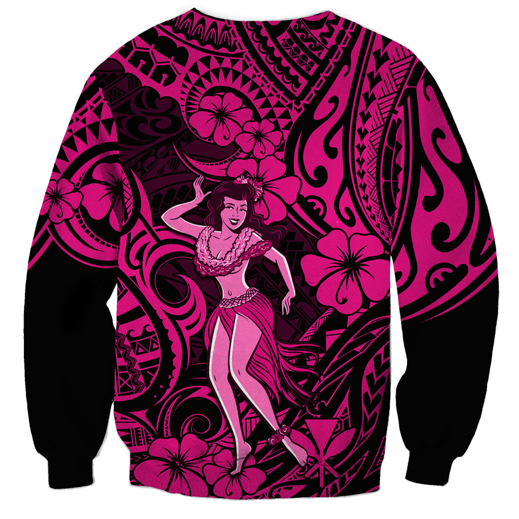 Unisex crewneck sweatshirt with centered pink-and-black hula girl Polynesian pattern