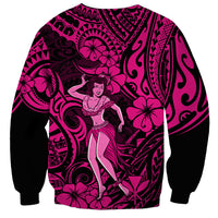 Unisex crewneck sweatshirt with centered pink-and-black hula girl Polynesian pattern