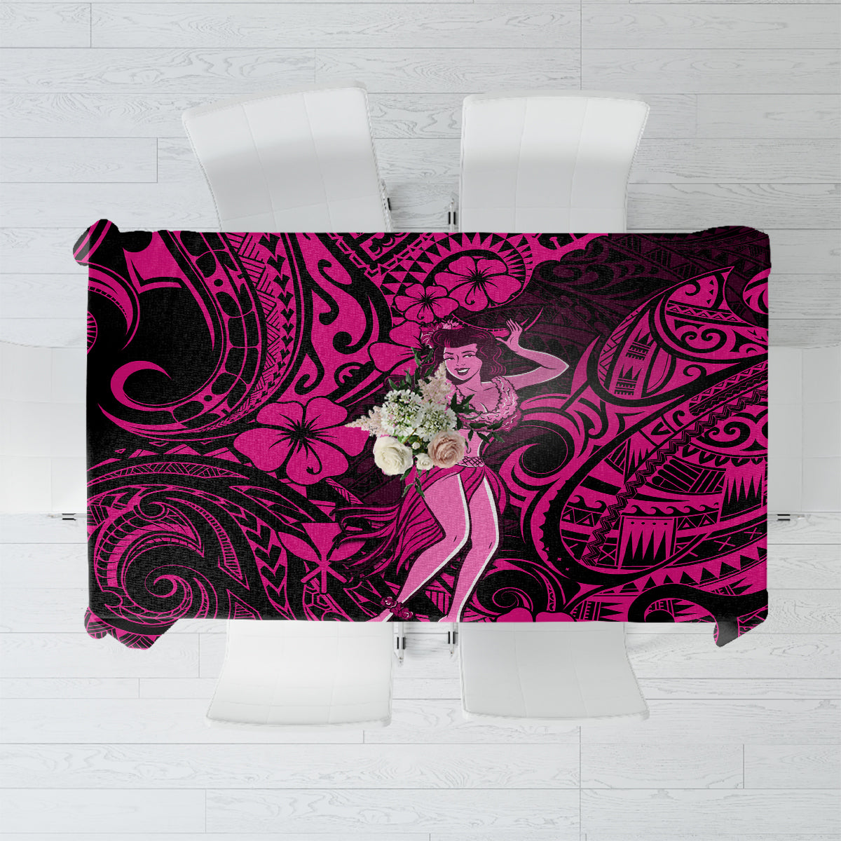 Pink and black Polynesian tablecloth with hula girl and tribal swirl pattern