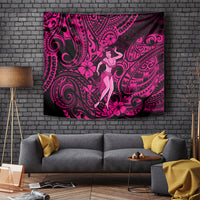 Pink and dark magenta hula girl tapestry with Polynesian swirl and floral patterns