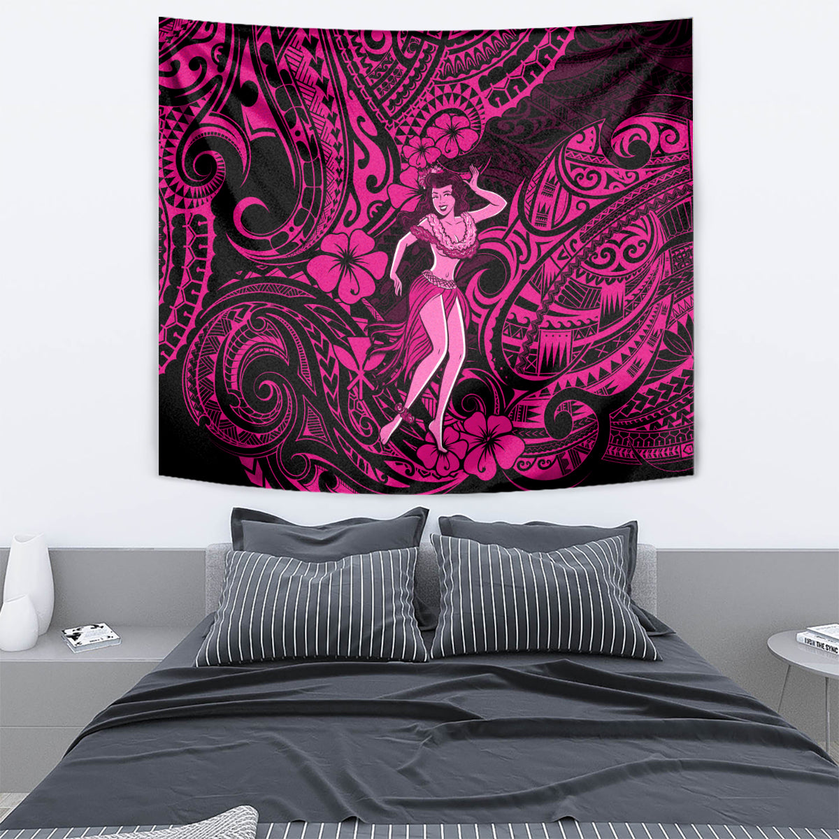Rectangular pink and dark magenta hula girl tapestry with tribal swirl and hibiscus motifs