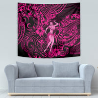 Pink and dark magenta hula girl tapestry with floral scroll motifs and tribal shapes