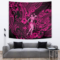 Dark magenta and pink Polynesian tapestry with a central hula girl and swirling patterns
