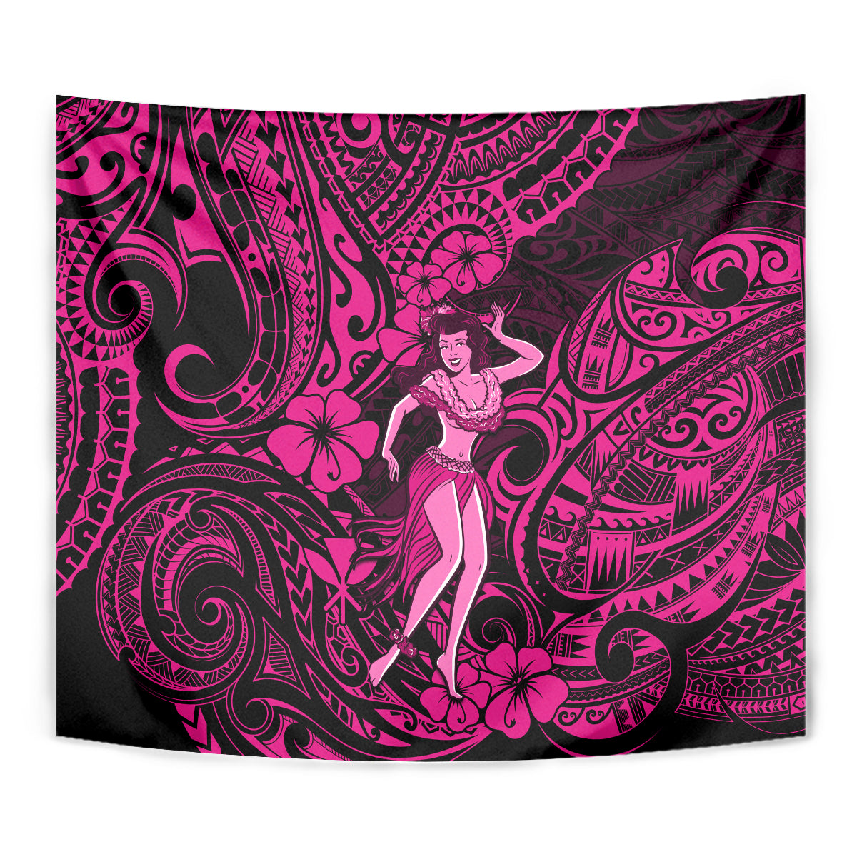 Pink and dark magenta hula girl tapestry close-up with ornate swirl motifs
