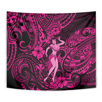 Pink and dark magenta hula girl tapestry close-up with ornate swirl motifs