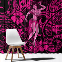 Pink and black hula girl window curtain with floral and tribal swirl motifs