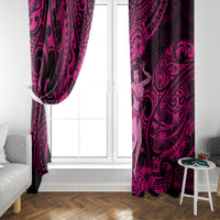Pink and black hula girl window curtains featuring ornate tribal swirl and flowers