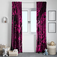 Pair of pink and black hula girl window curtains with bold tribal swirl design
