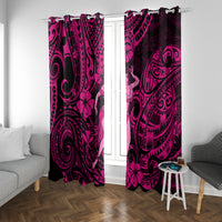 Pink and black hula girl window curtains with hanging header and tribal swirl print