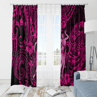 Pink and black hula girl window curtain pair on a rod with tribal swirl pattern
