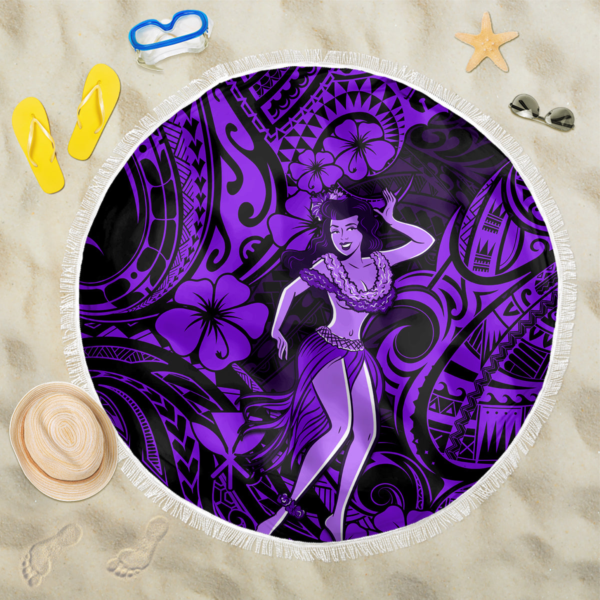 Round beach blanket with purple hula girl tribal pattern and white fringed edge