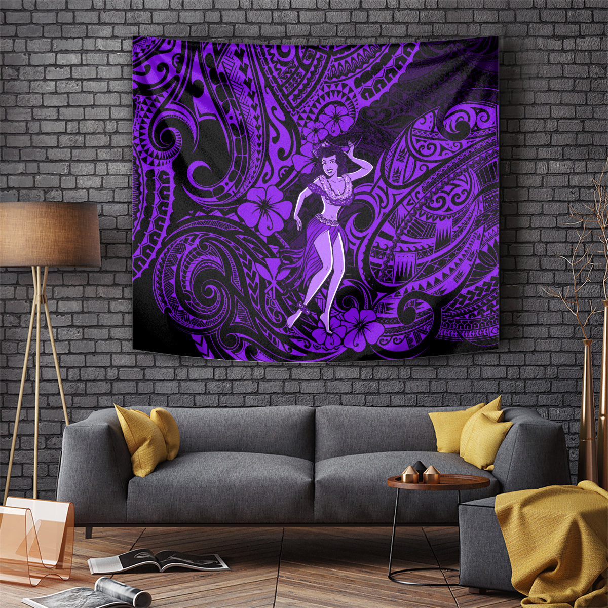 Purple Hawaiian hula girl tapestry with hibiscus and tribal swirl tattoo pattern.