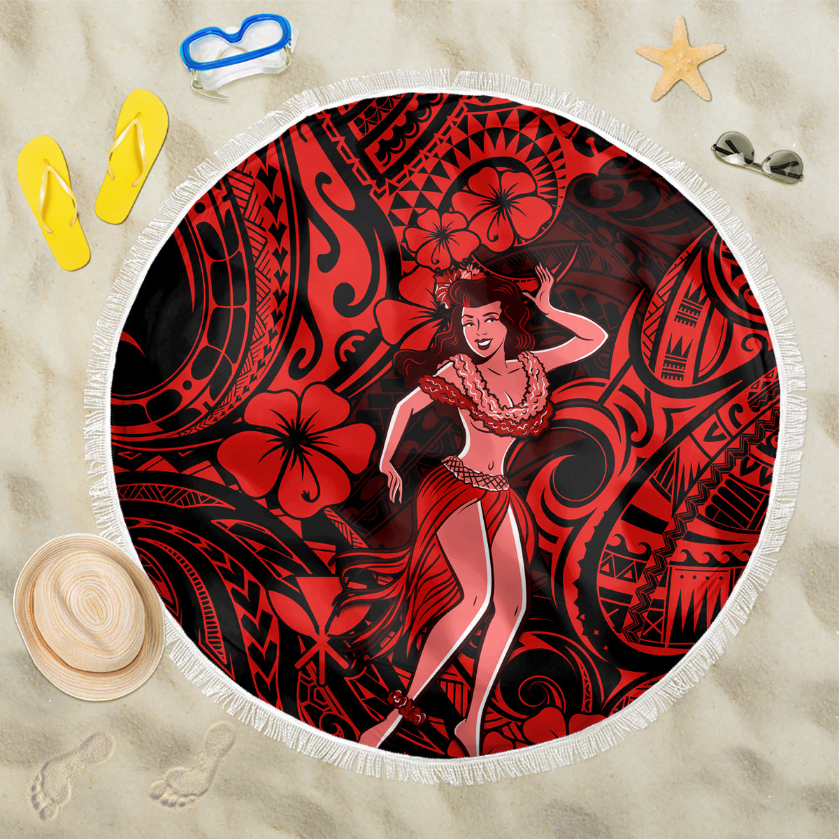 Round beach blanket with red hula girl tribal tattoo and hibiscus pattern, black and red.