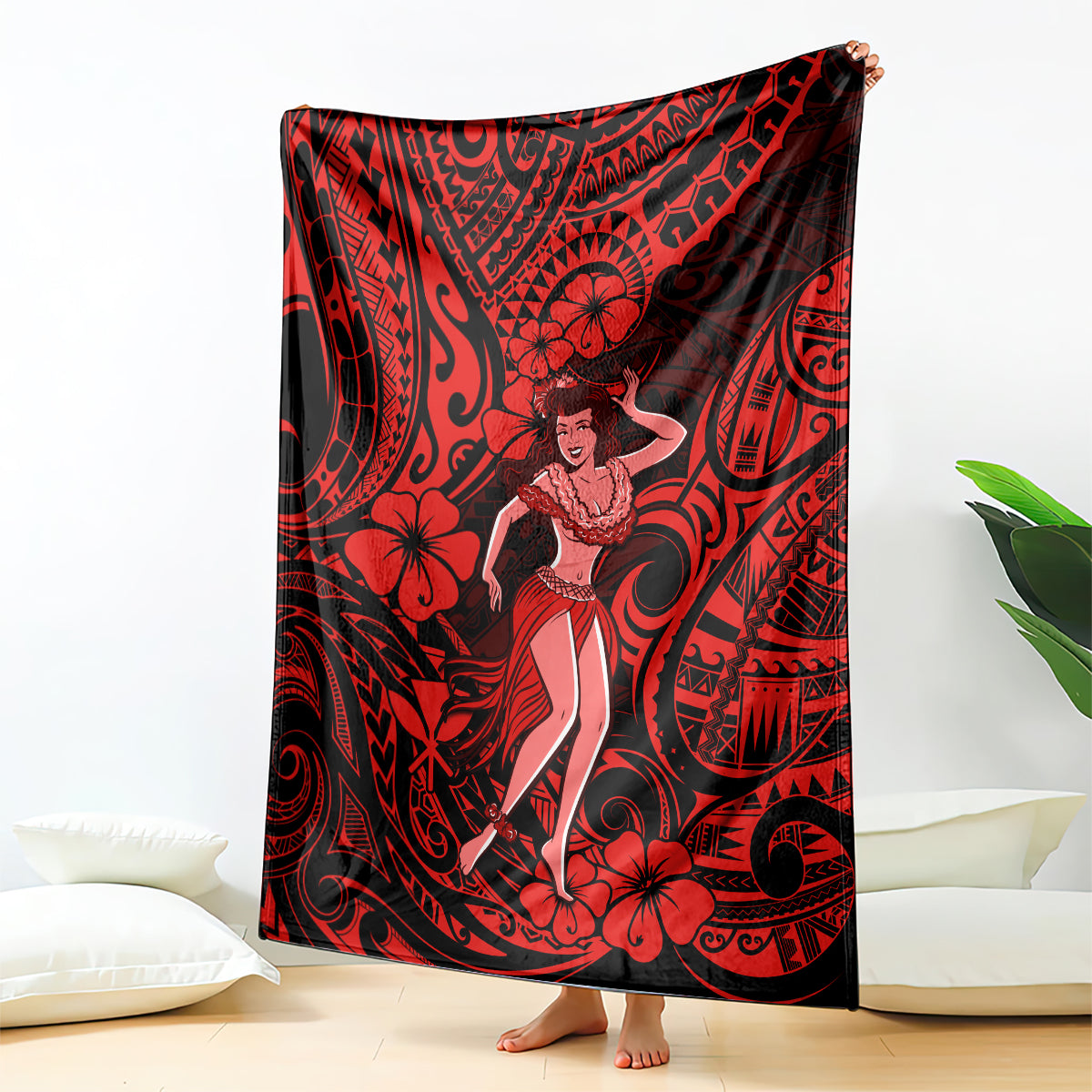 hawaii-hula-girl-blanket-hibiscus-hawaii-tribal-tattoo-red-version