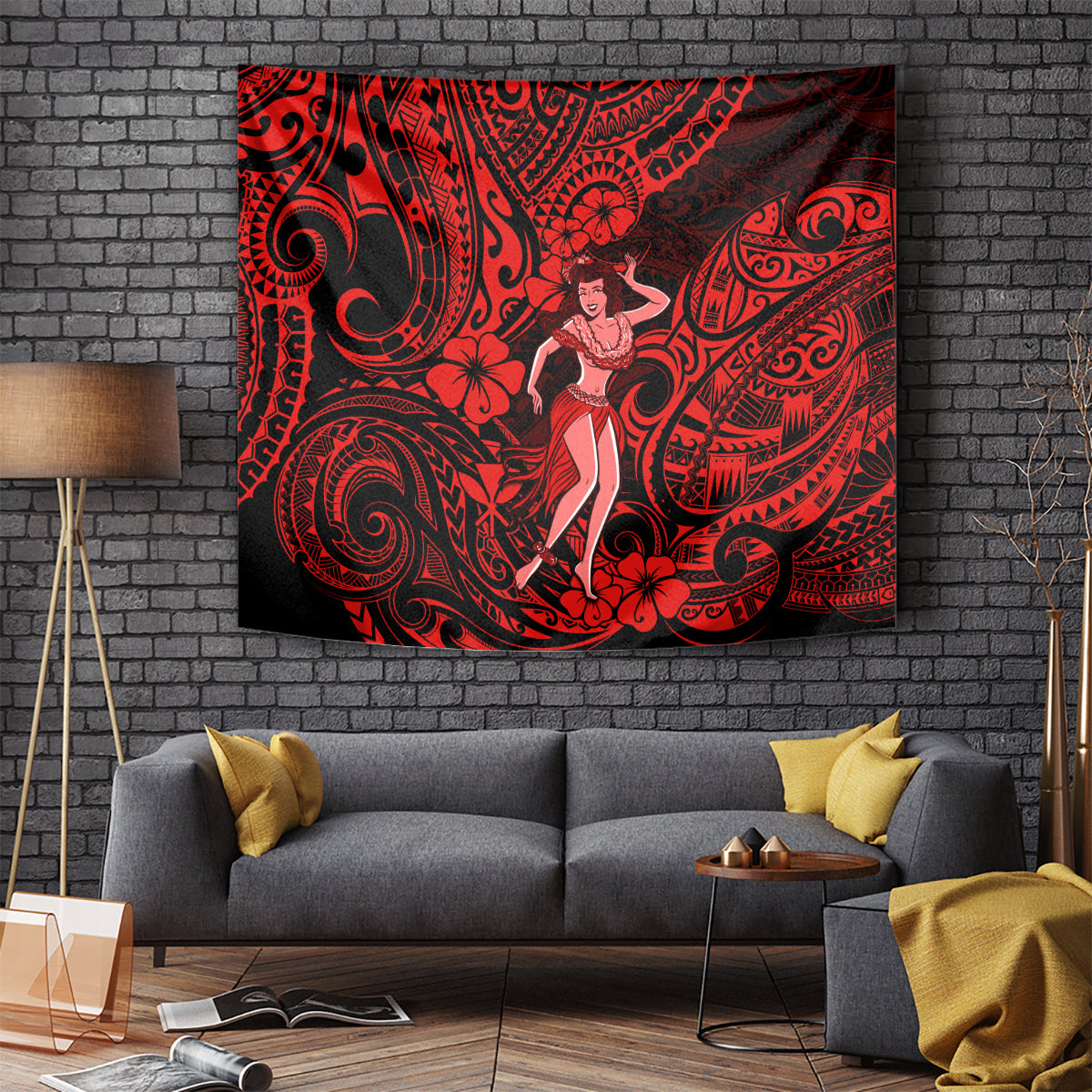 Red and black hula girl tapestry with hibiscus flowers and tribal swirl patterns