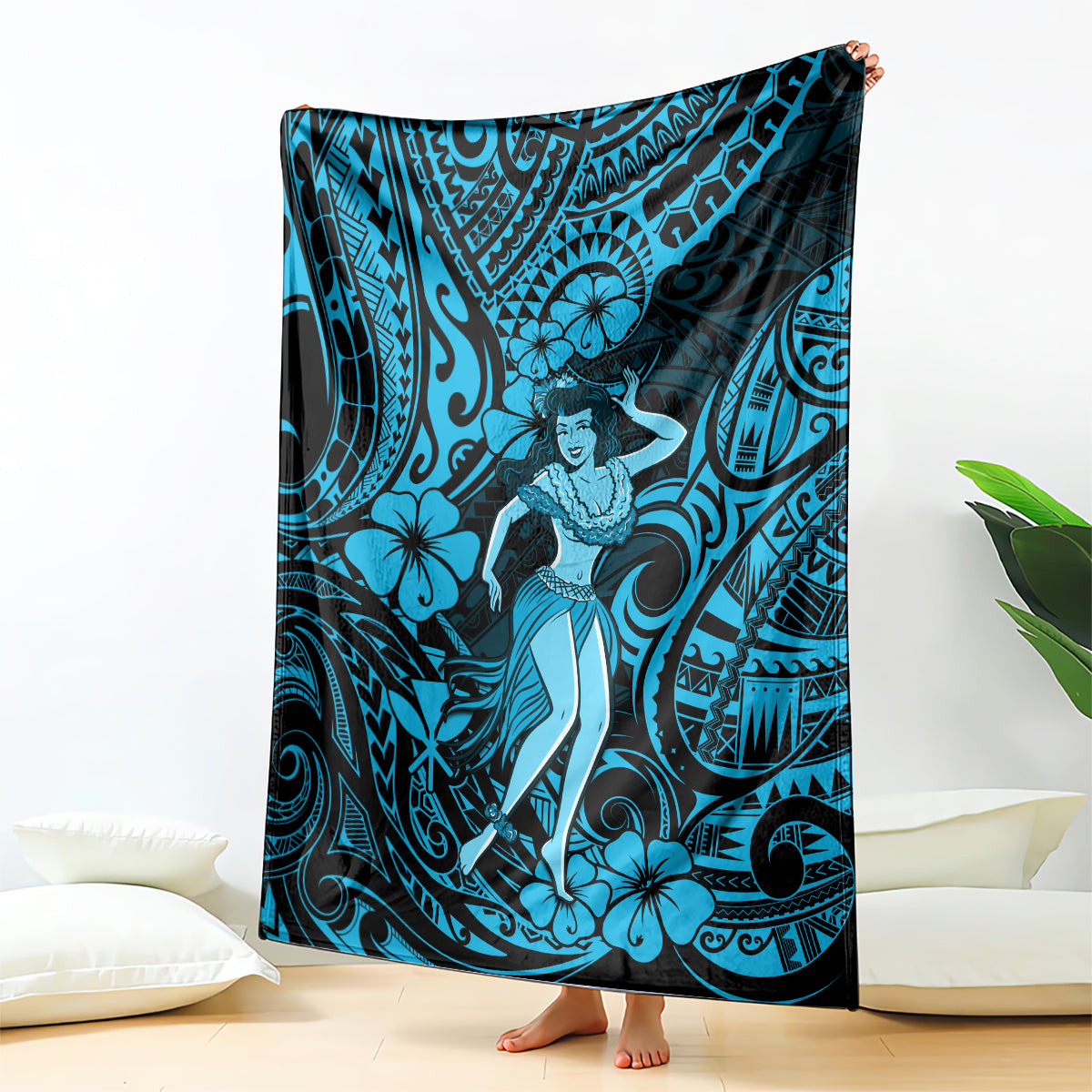 hawaii-hula-girl-blanket-hibiscus-hawaii-tribal-tattoo-sky-blue-version