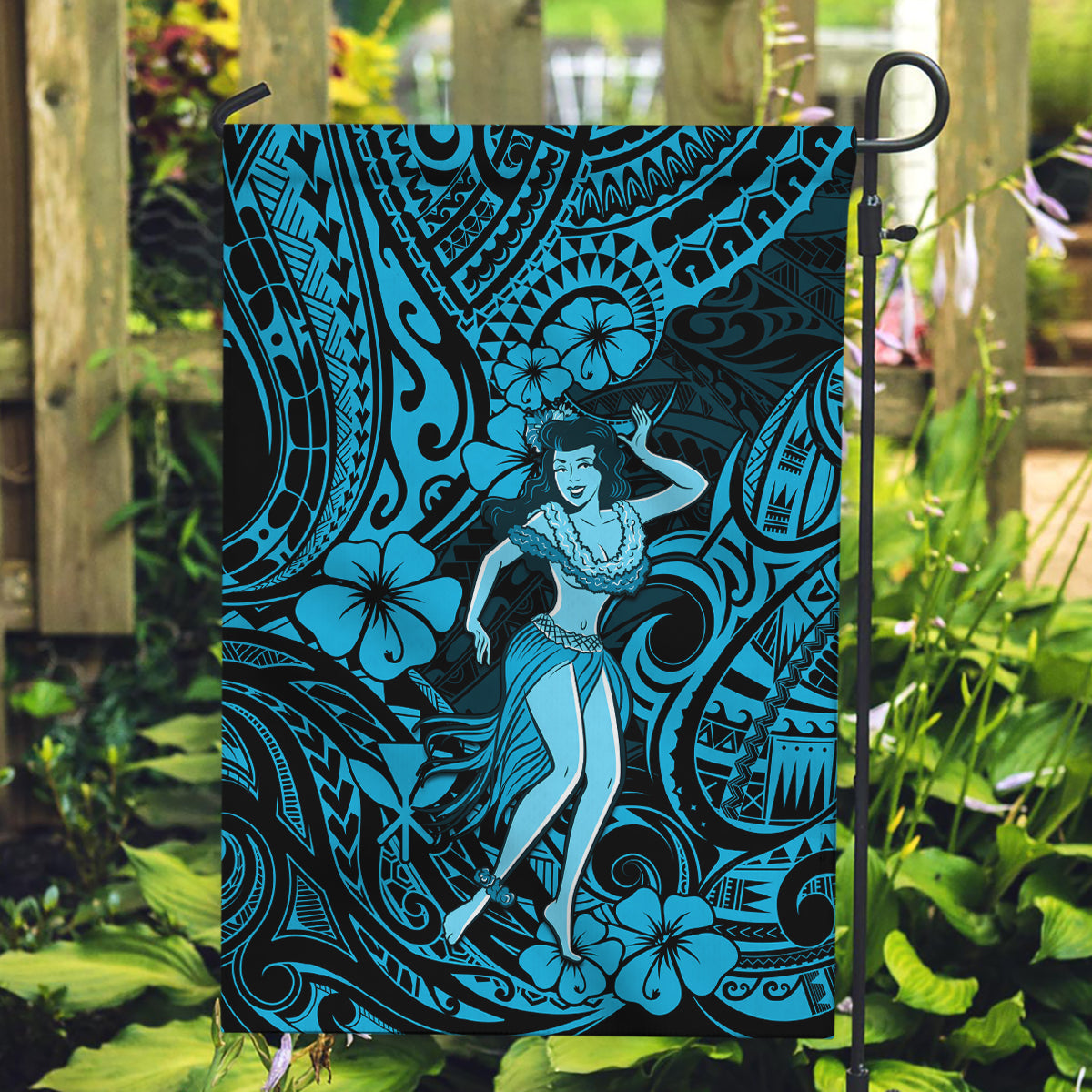 Hawaii Hula Girl Garden Flag Hibiscus Hawaii Tribal Tattoo Sky Blue Version - Wonder Print Shop