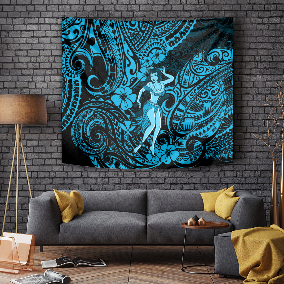 Blue Hawaii hula girl tapestry with hibiscus and tribal swirl patterns